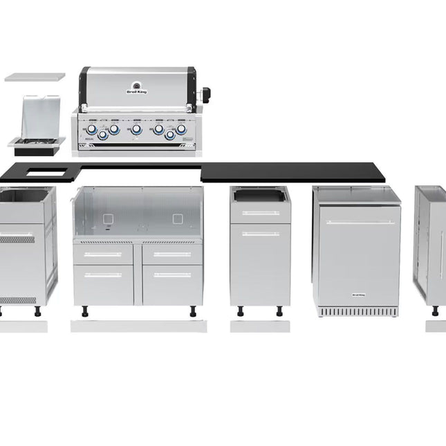 Broil King 9-Foot Outdoor Kitchen Island with Imperial S 590i 5-Burner Gas Grill, Rotisserie, Side Burner & Refrigerator