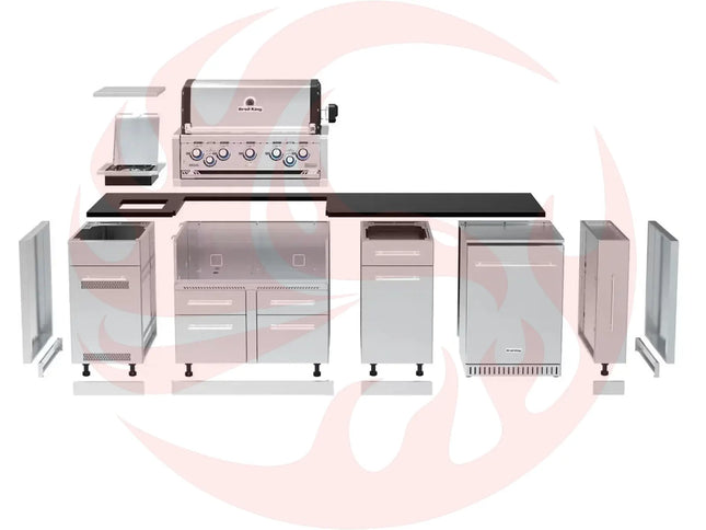 Broil King 9-Foot Outdoor Kitchen Island with Imperial S 590i 5-Burner Gas Grill, Rotisserie, Side Burner & Refrigerator - Phoenix Fire Art Store