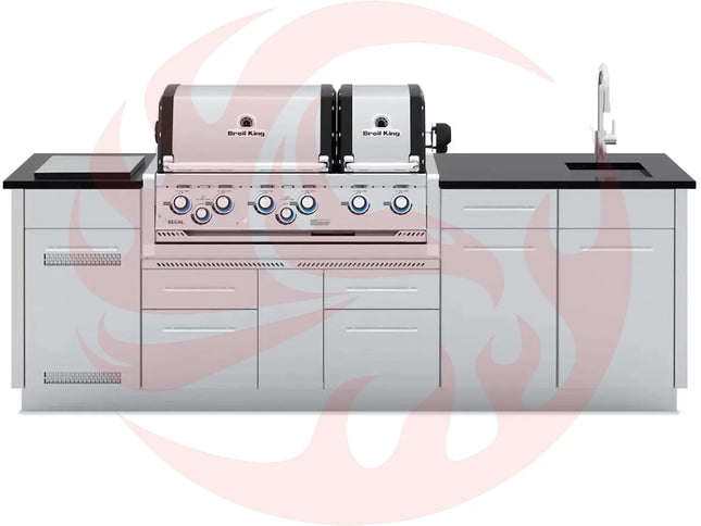 Broil King 8 1/2-Foot Outdoor Kitchen Island with Imperial S 690i 6-Burner Gas Grill, Rotisserie & Side Burner - Phoenix Fire Art Store
