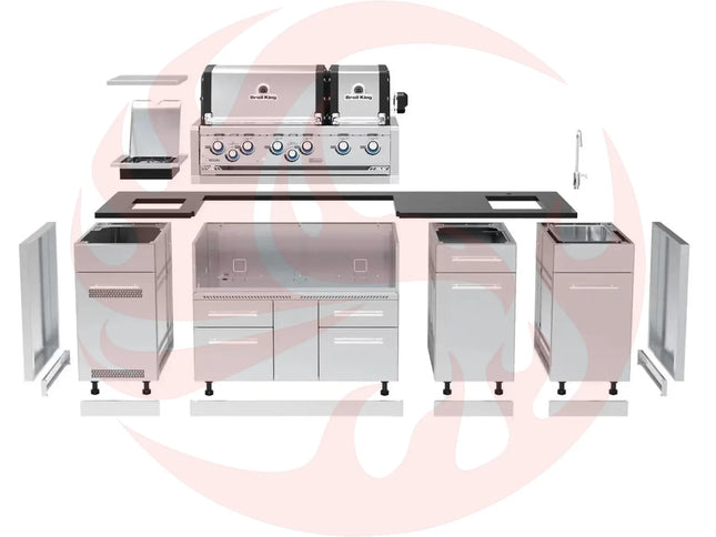 Broil King 8 1/2-Foot Outdoor Kitchen Island with Imperial S 690i 6-Burner Gas Grill, Rotisserie & Side Burner - Phoenix Fire Art Store