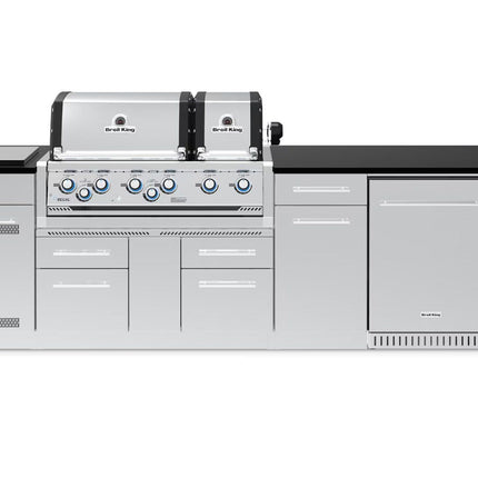 Broil King 9 3/4-Foot Outdoor Kitchen Island with Imperial S 690i 6-Burner Gas Grill, Rotisserie, Side Burner & Refrigerator