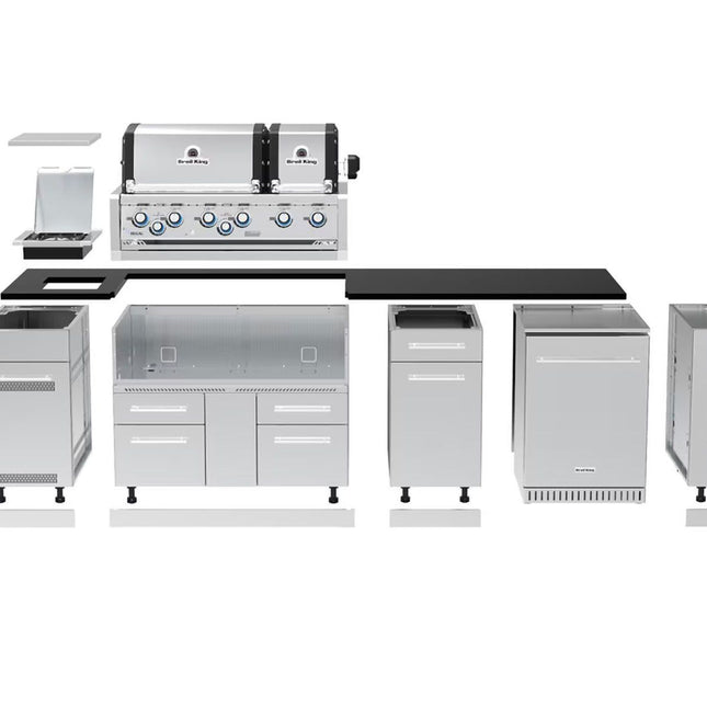 Broil King 9 3/4-Foot Outdoor Kitchen Island with Imperial S 690i 6-Burner Gas Grill, Rotisserie, Side Burner & Refrigerator