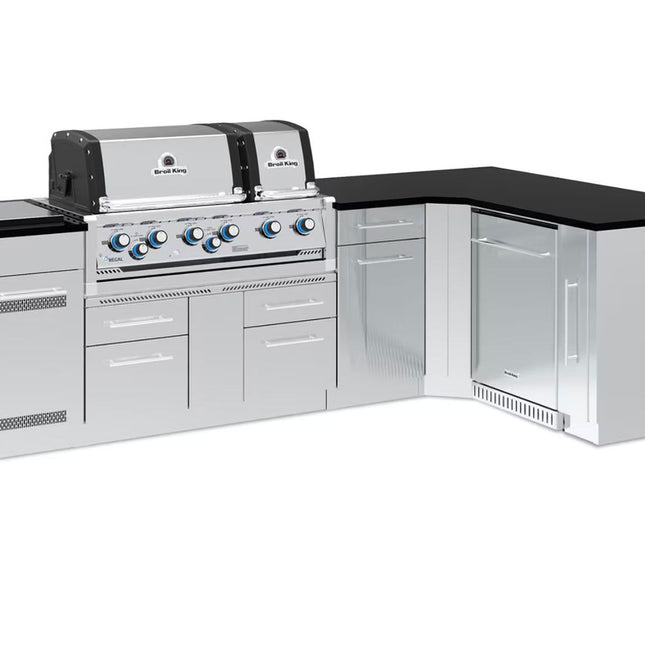 Broil King 118 x 70-Inch Outdoor Kitchen Island with Imperial S 690i 6-Burner Gas Grill, Rotisserie, Side Burner & Refrigerator