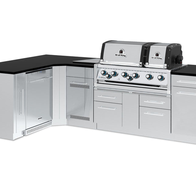 Broil King 70 x 118-Inch Outdoor Kitchen Island with Imperial S 690i 6-Burner Gas Grill, Rotisserie, Side Burner & Refrigerator