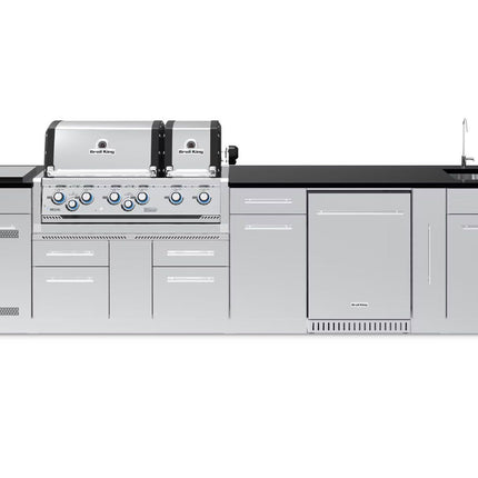 Broil King 11-Foot Outdoor Kitchen Island with Imperial S 690i 6-Burner Gas Grill, Rotisserie, Side Burner & Refrigerator (Right Orientation)