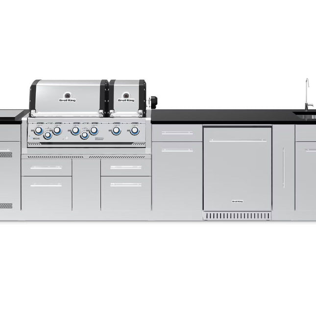 Broil King 11-Foot Outdoor Kitchen Island with Imperial S 690i 6-Burner Gas Grill, Rotisserie, Side Burner & Refrigerator (Right Orientation)