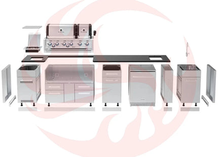 Broil King 11-Foot Outdoor Kitchen Island with Imperial S 690i 6-Burner Gas Grill, Rotisserie, Side Burner & Refrigerator (Right Orientation) - Phoenix Fire Art Store