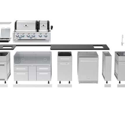 Broil King 11-Foot Outdoor Kitchen Island with Imperial S 690i 6-Burner Gas Grill, Rotisserie, Side Burner & Refrigerator (Right Orientation)