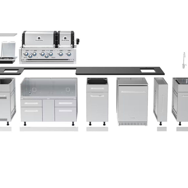 Broil King 11-Foot Outdoor Kitchen Island with Imperial S 690i 6-Burner Gas Grill, Rotisserie, Side Burner & Refrigerator (Right Orientation)