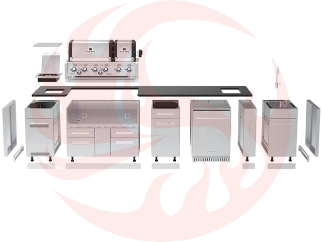 Broil King 11-Foot Outdoor Kitchen Island with Imperial S 690i 6-Burner Gas Grill, Rotisserie, Side Burner & Refrigerator (Right Orientation) - Phoenix Fire Art Store