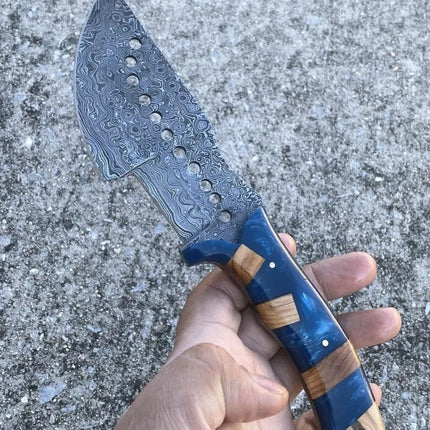 Raindrops Pattern Damascus Steel Handmade Tom Brown Tracker Knife with Epoxy Resin Handle - 10 Inches Overall Length