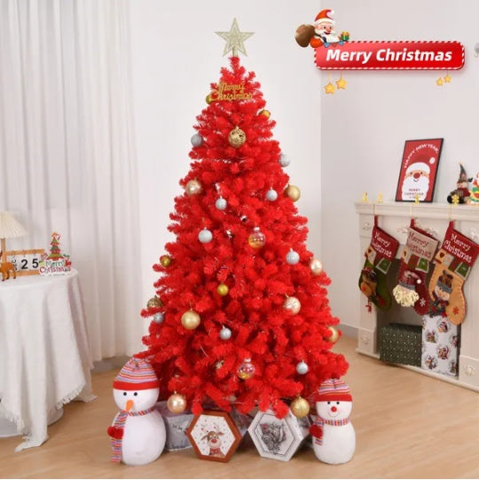 6 FT Artificial Christmas Tree, Unlit Hinged Christmas Pine Tree With 800 Branch Tips And Sturdy Metal Stand, Red