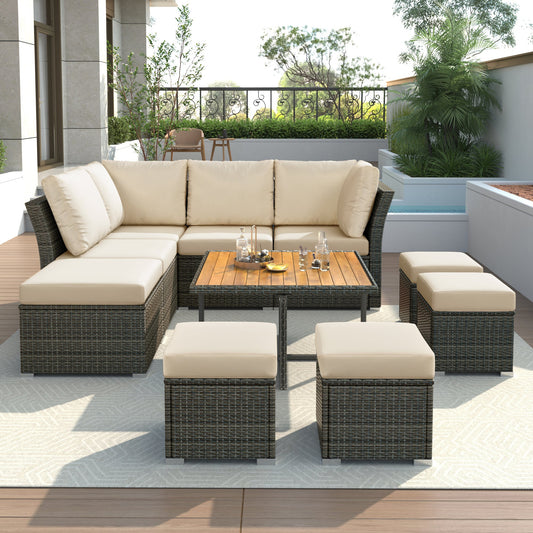 10 Piece Outdoor Wood Coffee Table Furniture Set, W/ Ottomans