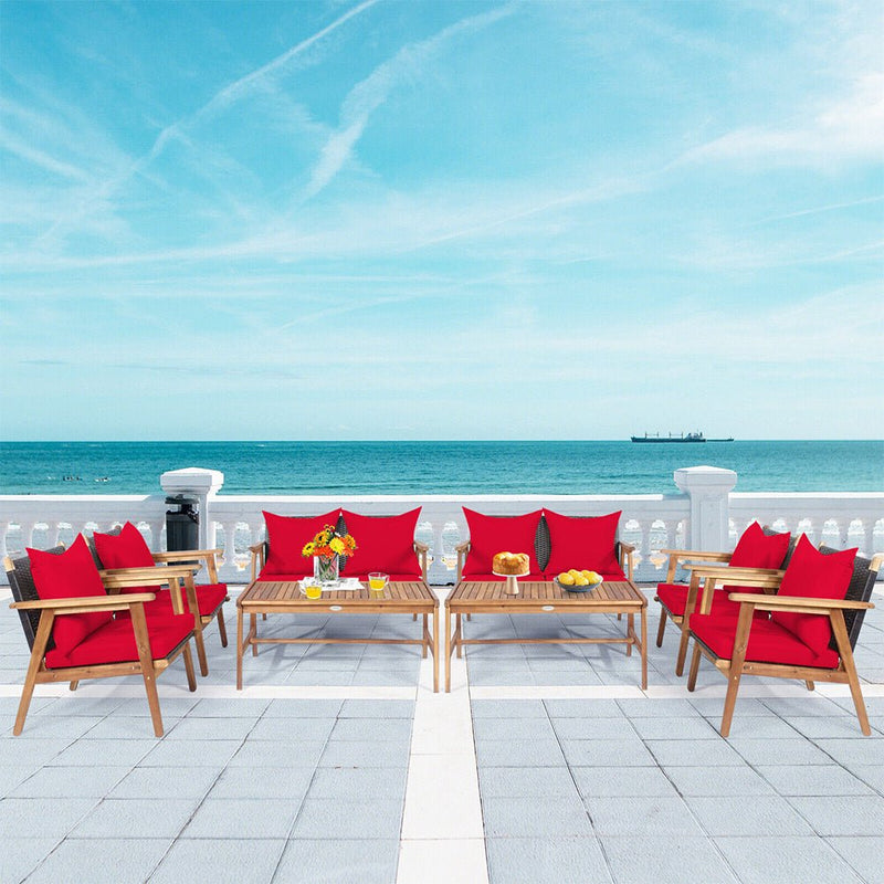 Alora 8-Piece Patio Rattan Furniture Set With Acacia Wood Frame & Cushioned Sofa Chairs (97415280)