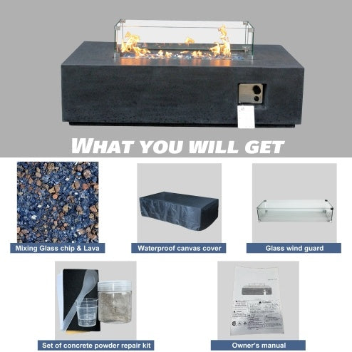 52 Inch Outdoor Concrete Propane Gas Rectangle Fire Pit Table In Dark Gray Color - Phoenix Fire Art Store