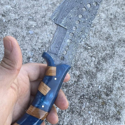 Raindrops Pattern Damascus Steel Handmade Tom Brown Tracker Knife with Epoxy Resin Handle - 10 Inches Overall Length