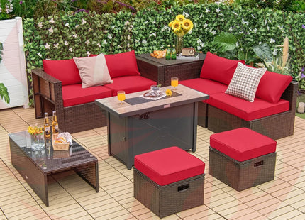 9 Pieces Outdoor Patio Furniture Set with 42 Inch Propane Fire Pit Table-Red DirectDeals