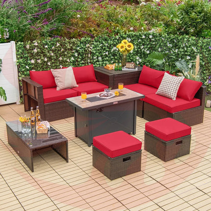 9 Pieces Outdoor Patio Furniture Set with 42 Inch Propane Fire Pit Table-Red DirectDeals