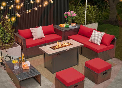 9 Pieces Outdoor Patio Furniture Set with 42 Inch Propane Fire Pit Table-Red DirectDeals