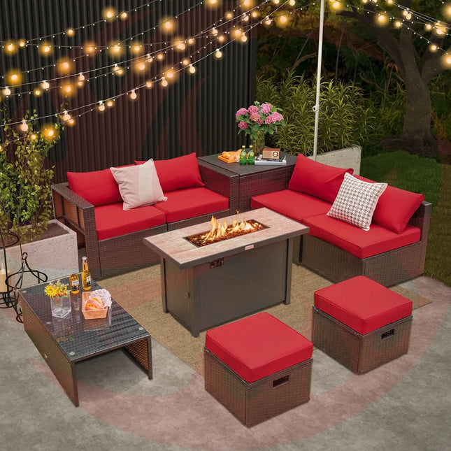 9 Pieces Outdoor Patio Furniture Set with 42 Inch Propane Fire Pit Table-Red DirectDeals