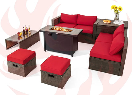 9 Pieces Outdoor Patio Furniture Set with 42 Inch Propane Fire Pit Table-Red DirectDeals