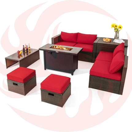 9 Pieces Outdoor Patio Furniture Set with 42 Inch Propane Fire Pit Table-Red DirectDeals