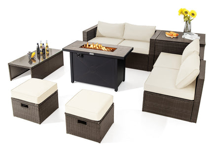 9 Pieces Outdoor Patio Furniture Set with 42 Inch Propane Fire Pit Table-Red DirectDeals