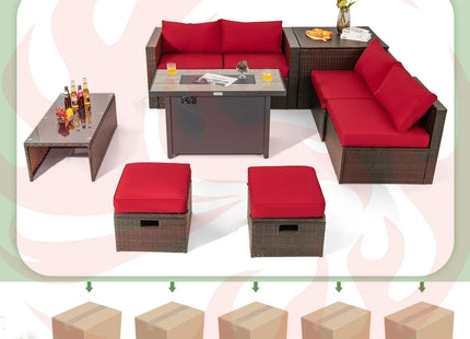 9 Pieces Outdoor Patio Furniture Set with 42 Inch Propane Fire Pit Table-Red DirectDeals