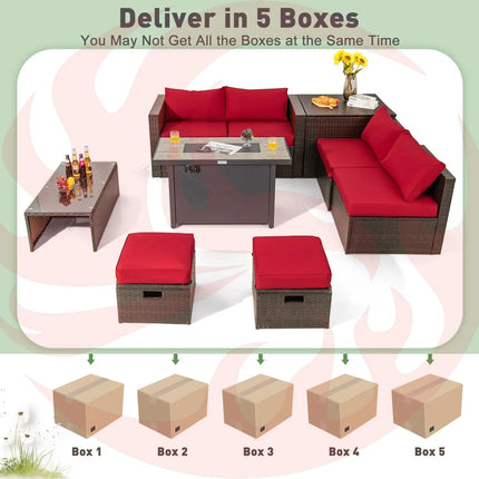 9 Pieces Outdoor Patio Furniture Set with 42 Inch Propane Fire Pit Table-Red DirectDeals