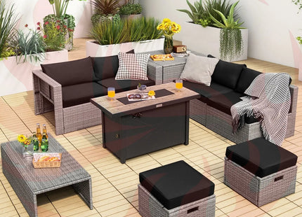 9 Pieces Patio Furniture Set with 42 Inches 60000 BTU Fire Pit-Black DirectDeals