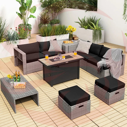 9 Pieces Patio Furniture Set with 42 Inches 60000 BTU Fire Pit-Black DirectDeals