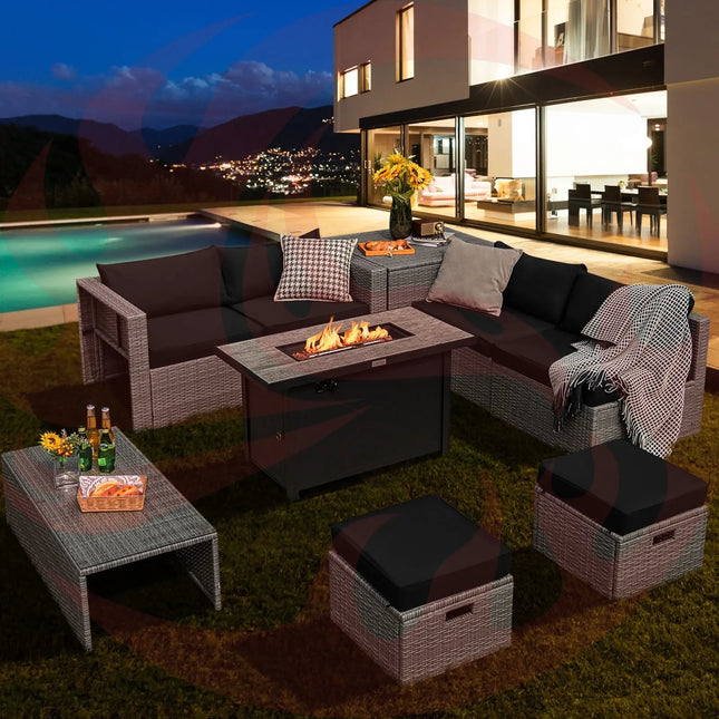 9 Pieces Patio Furniture Set with 42 Inches 60000 BTU Fire Pit-Black DirectDeals