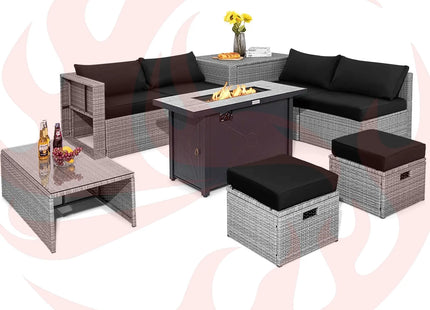 9 Pieces Patio Furniture Set with 42 Inches 60000 BTU Fire Pit-Black DirectDeals