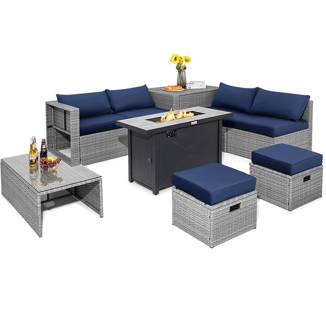 9 Pieces Patio Furniture Set with 42 Inches 60000 BTU Fire Pit-Black DirectDeals