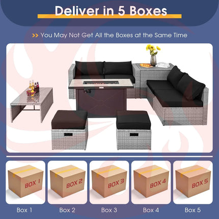 9 Pieces Patio Furniture Set with 42 Inches 60000 BTU Fire Pit-Black DirectDeals