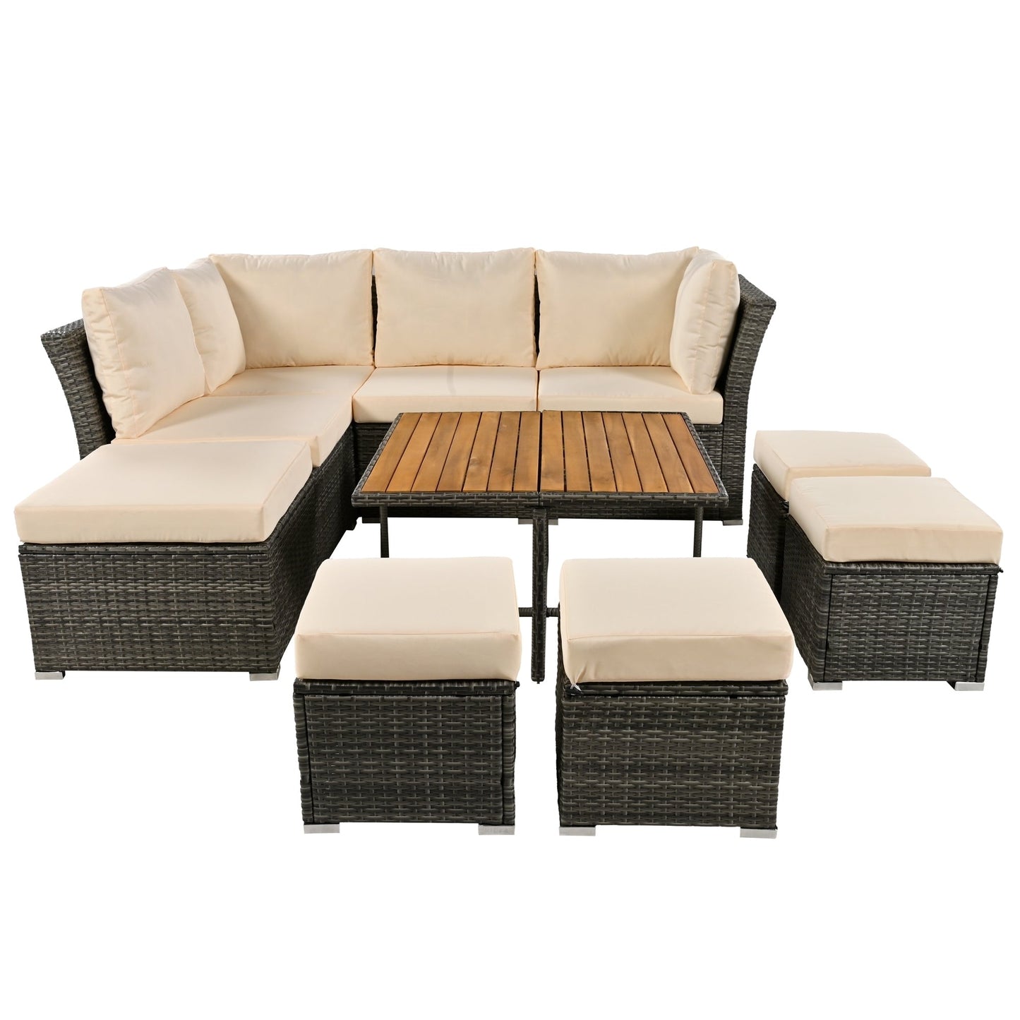 10 Piece Outdoor Wood Coffee Table Furniture Set, W/ Ottomans
