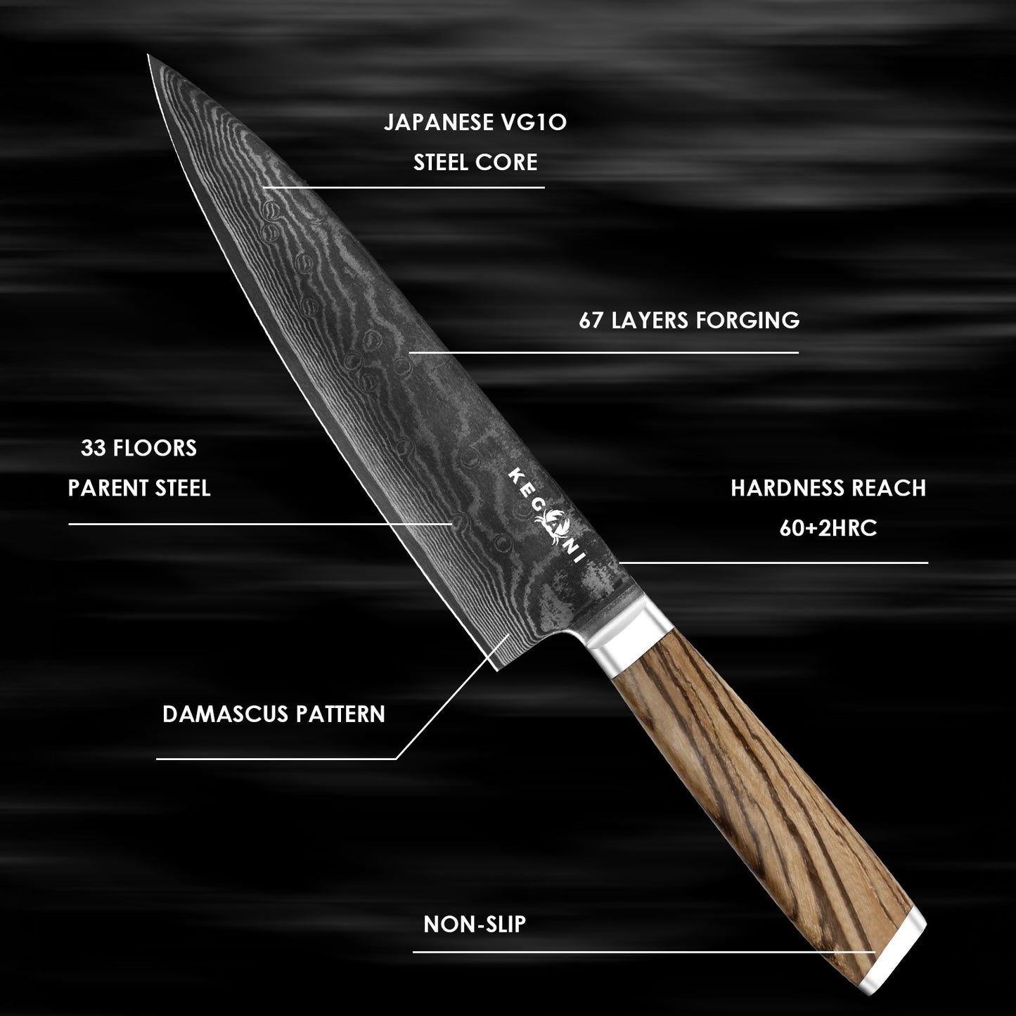 Kegani Chef Knife - 8 Inch 67 Layer Japanese VG-10 Damascus Steel Professional Chef Knife - Ergonomic Full Tang Handle - Phoenix Fire Art Store