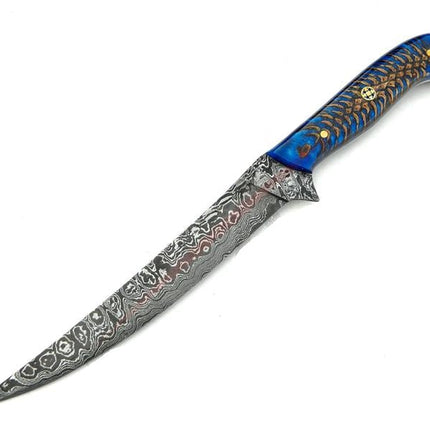Best Fillet Knife – 13" Handmade Damascus with Blue Resin Handle