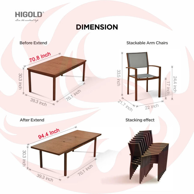 HIGOLD Carlo 9 Piece Extendable Outdoor Patio 8 Person Dining Set - Phoenix Fire Art Store
