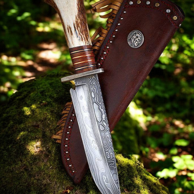Classic Bowie Knife - 8" Damascus Steel with Antler Horn & Rosewood Handle