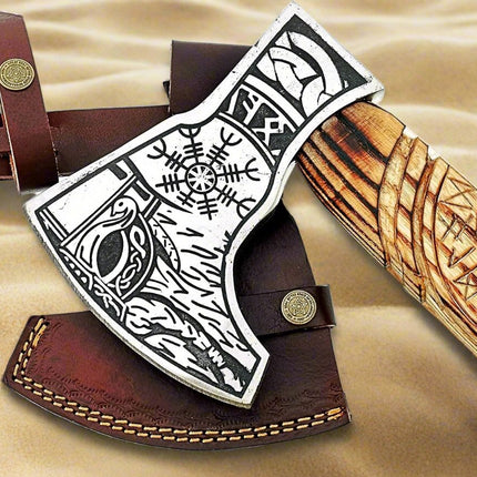 Norse Axe with Custom Handmade Forged 1095 Steel Blade and Hand Engraved Ash Wood Handle – Odin’s Edge
