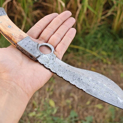 Bushcraft Kukri Knife Damascus 12" Olivewood Handle