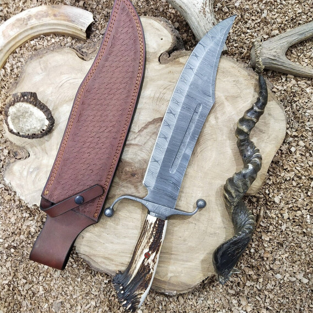 Custom Handmade Bowie Knife with Twisted Damascus Steel Blade and Antler Horn Handle - 15 Inches
