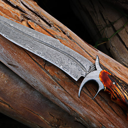 RED DRAGON SLAYER Bowie Knife with Leather Sheath for Sale – Custom Handmade Full Tang Damascus Steel Blade, Antler Horn Handle & Damascus Finger Guard | 16-Inch Hunting Knife – KBS Knives