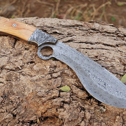 Bushcraft Kukri Knife Damascus 12" Olivewood Handle