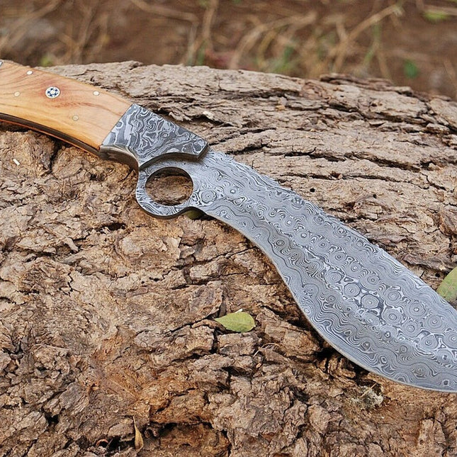 Bushcraft Kukri Knife Damascus 12" Olivewood Handle