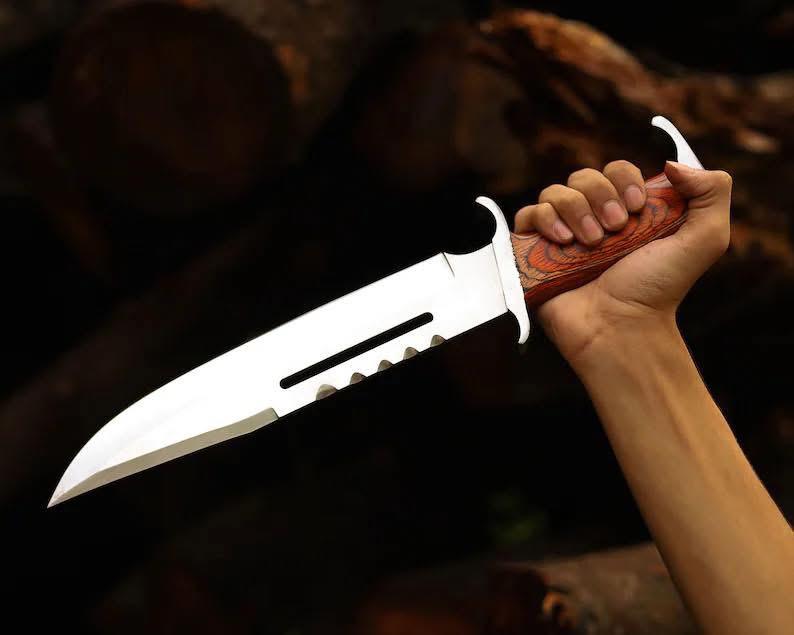 Professional Rambo Bowie Knife - 12" D2 Steel with Exotic Red Wood Handle & Steel Guards