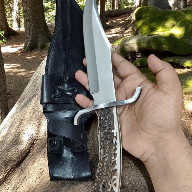 Hunting Knife – 12" D2 Steel Blade with Antler Horn Handle & Steel Guard