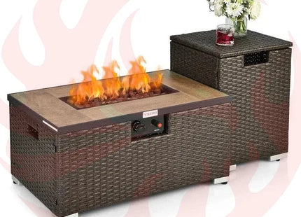 Outdoor Propane Fire Pit with Side Table & Tank Holder - Brown PE Rattan Wicker - Phoenix Fire Art Store