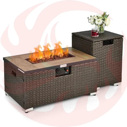 Outdoor Propane Fire Pit with Side Table & Tank Holder - Brown PE Rattan Wicker - Phoenix Fire Art Store